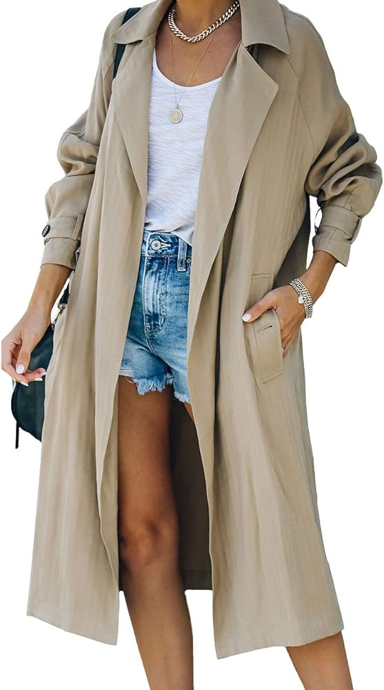 Amazon.com: Rilista Women's Trench Coat Windproof Open Front Lapel Overcoat Slim Outerwear Coat :... | Amazon (US)