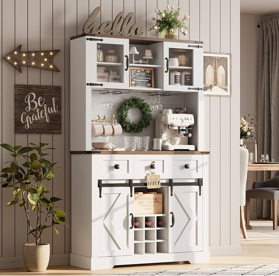 72 in Farmhouse Bar Cabinet with Sliding Barn Door, Tall Kitchen Buffet with Storage Hutch and 3 ... | Amazon (US)
