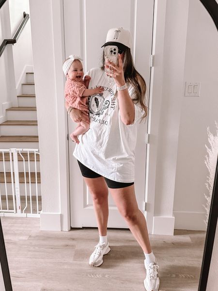 TTPD Taylor swift oversized graphic tee (sized up 2 to 3X). Favorite Biker shorts + linking my fav maternity shorts too! Bow hat & baby girl outfit also linked 

#LTKSeasonal #LTKActive #LTKmidsize