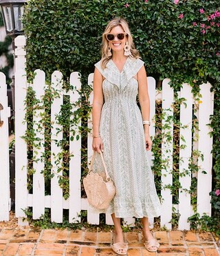 SAIL to SABLE x PALM BEACH LATELY Silk-Blend Leaf Stripe Print V-Neck Smocked Waist Ruffle Hem Mi... | Dillard's