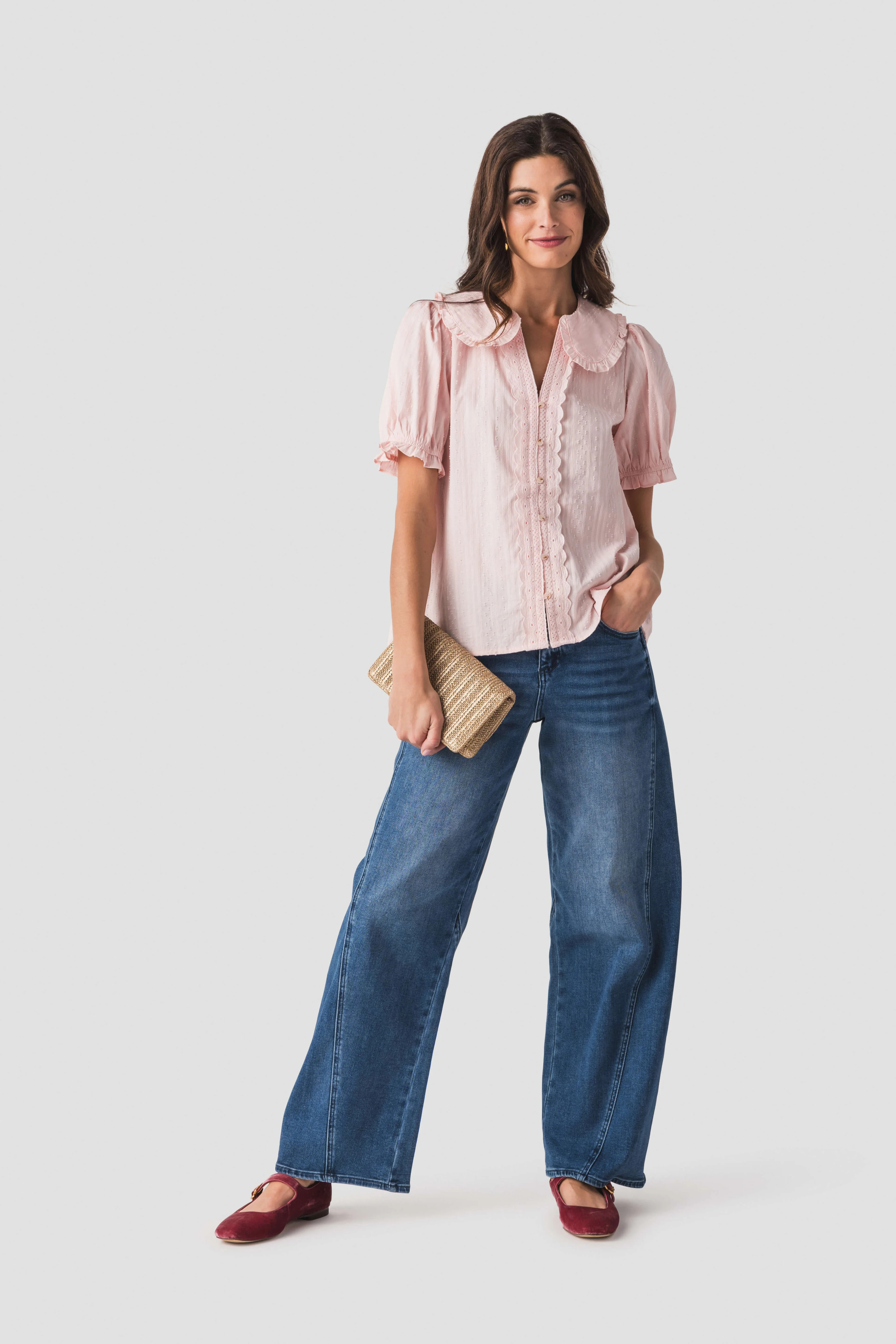 Gigio Short Puff Sleeve Blouse with Peter Pan Collar | Social Threads