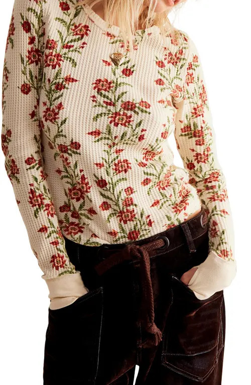 Free People Pretty Little Thermal Stitch Top in Sand Combo Folk Vine at Nordstrom, Size X-Small | Nordstrom