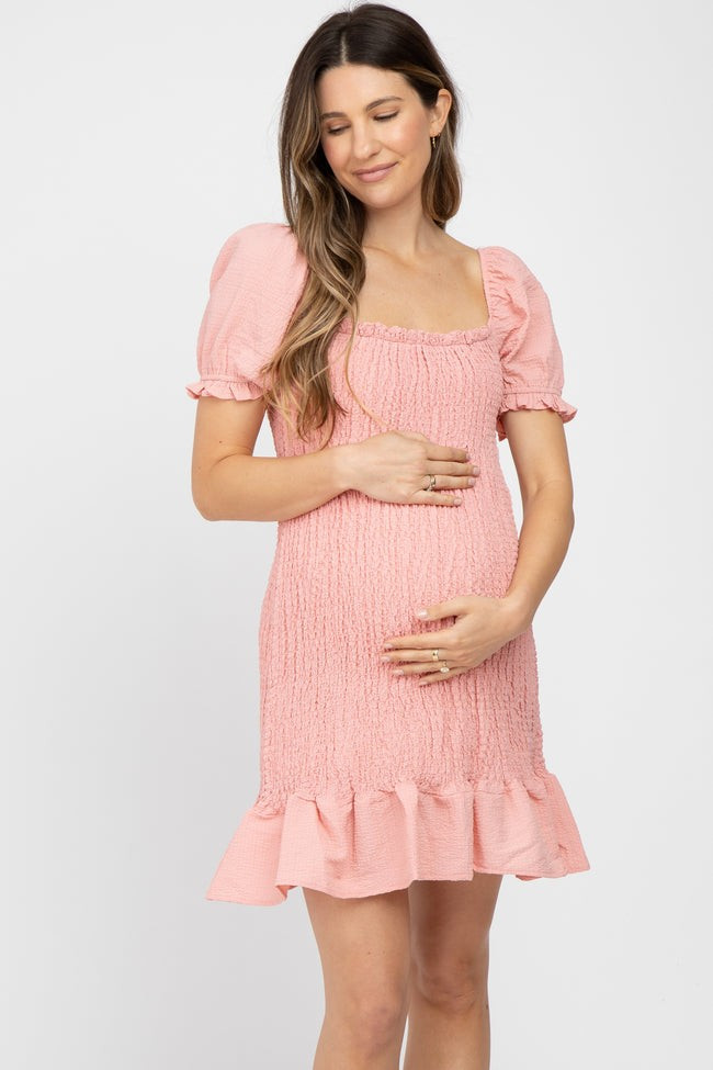 Light Pink Smocked Puff Sleeve Maternity Dress | PinkBlush Maternity