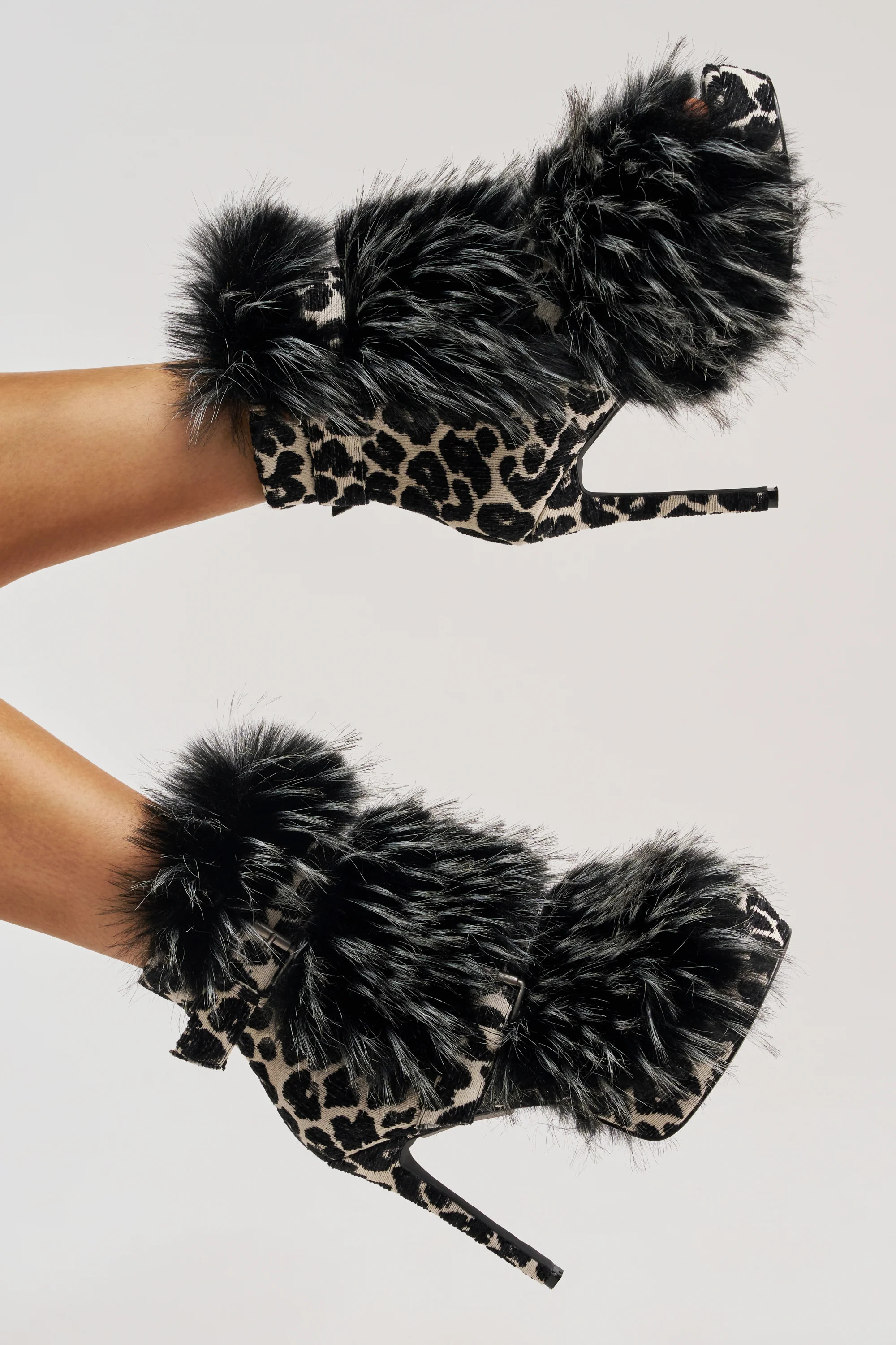 AZALEA WANG SERIOUS BLACK AND WHITE LEOPARD WITH FUR OPEN TOE STILETTO | AKIRA