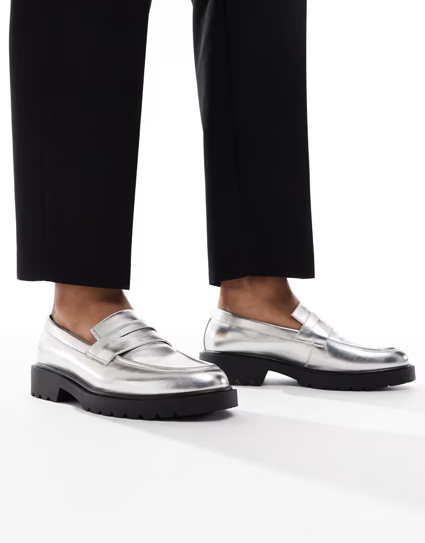 ASOS DESIGN loafers in silver with cleated sole | ASOS (Global)