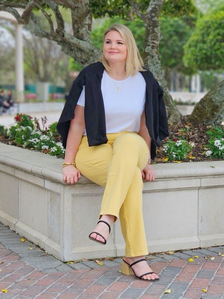 Fun spring jeans in yellow! These are so stretchy and comfy too, they are a pull on style? No zipper or buttons. Fit true to size to a tad big. I’m in the large. Top is the perfect white tee, wearing a large. Sweater is SO soft and cozy. Wearing large  

#LTKworkwear #LTKmidsize #LTKover40