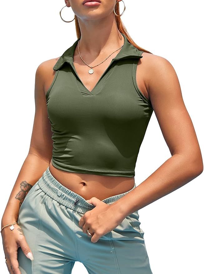 Women Workout Crop Top Built in Bra Ribbed Athletic Tank Tops Casual Sleeveless Collar Shirts Pad... | Amazon (US)