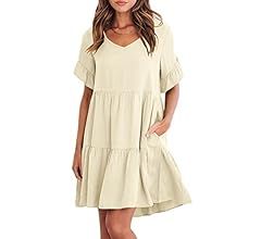 ANRABESS Women’s Summer Casual V Neck Tunic Dress Ruffle Short Sleeve Tiered A-Line Flowy Mini ... | Amazon (US)