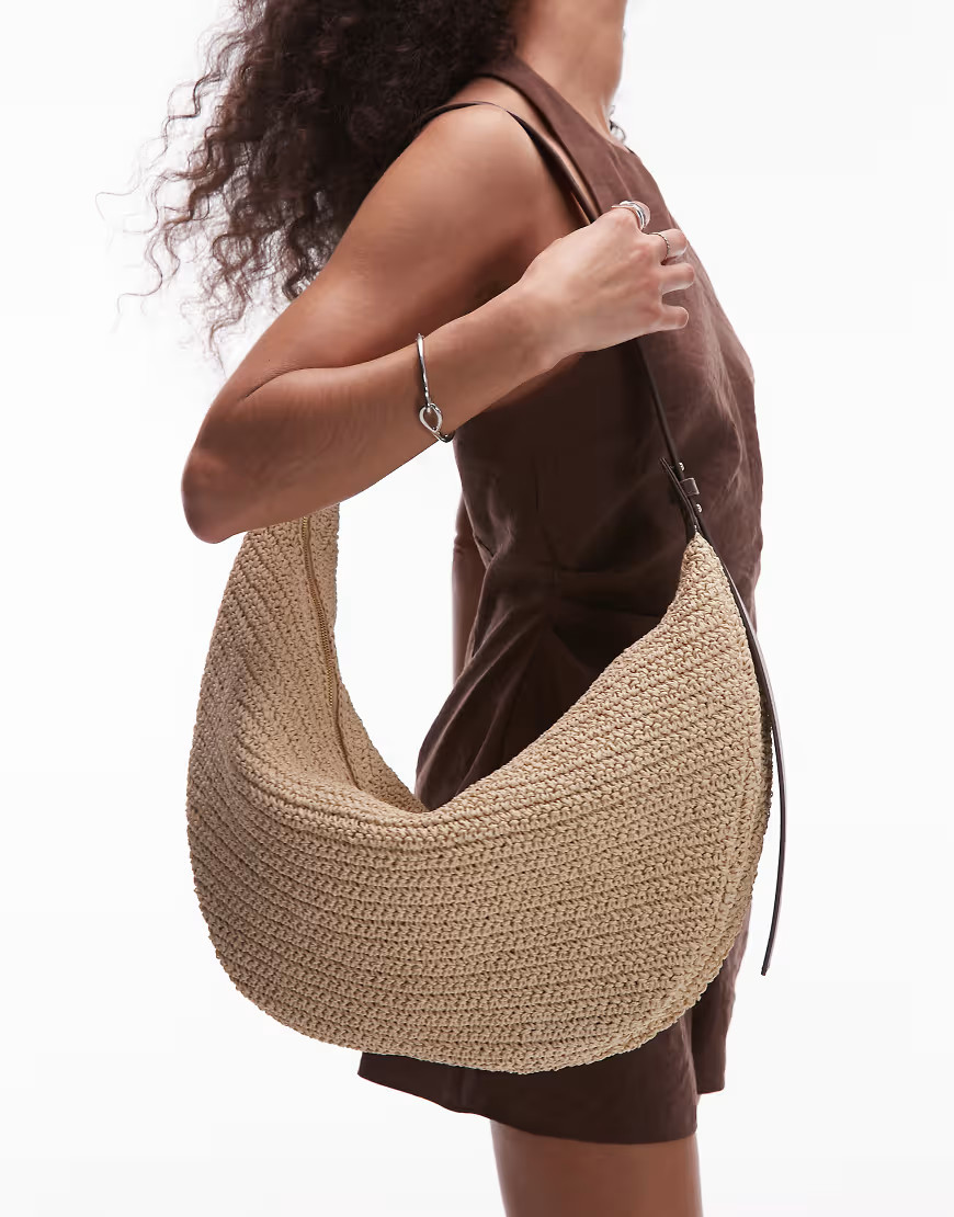 ARKET straw curved slouchy shoulder bag with black leather details in light neutral | ASOS (Global)