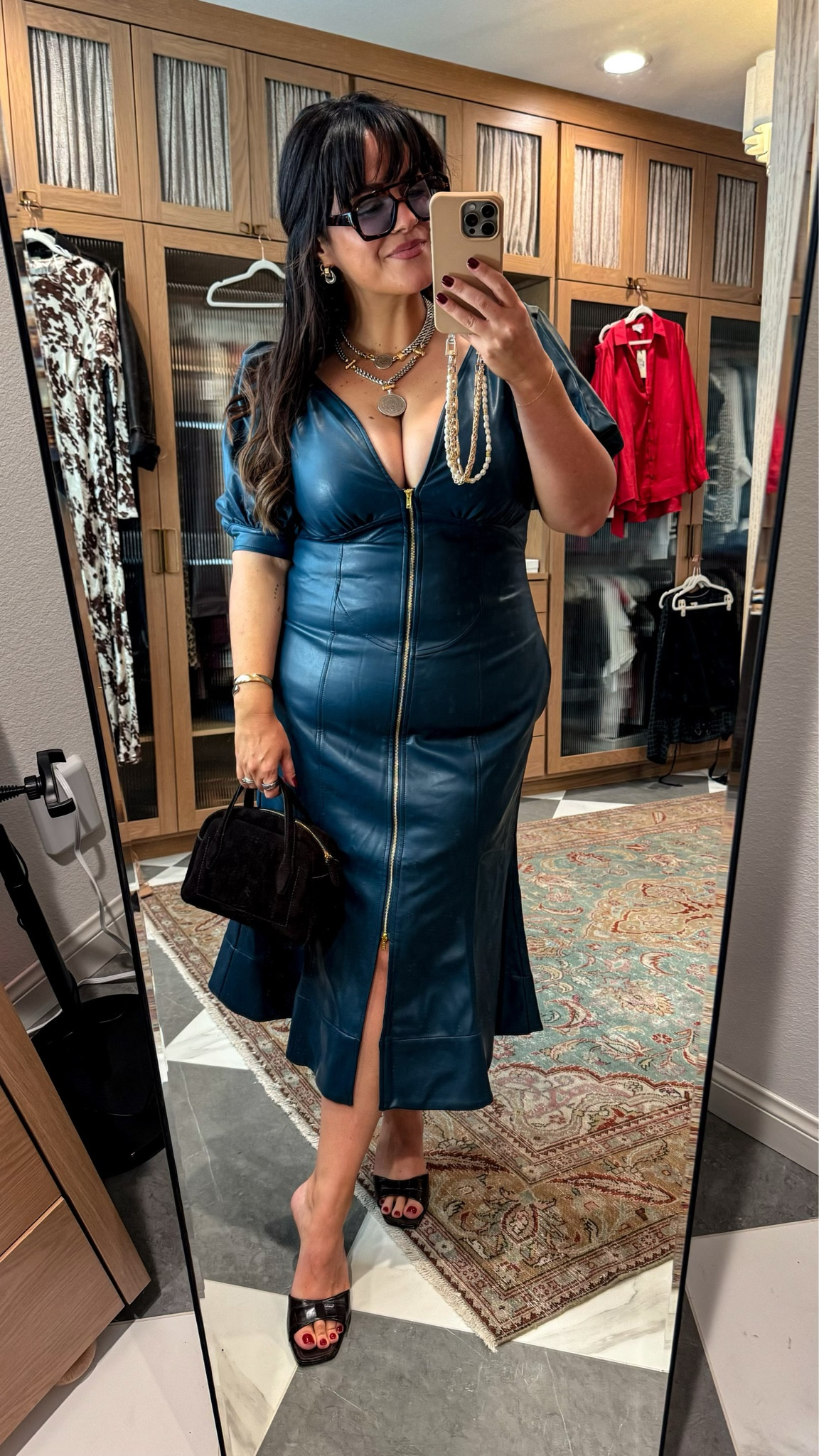 Midsize faux leather special occasion cocktail dress wearing an xl 
Brown clock slides are tts 
Brown suede bag 
Amazon Sunnies 

#LTKCon #LTKStyleTip #LTKMidsize