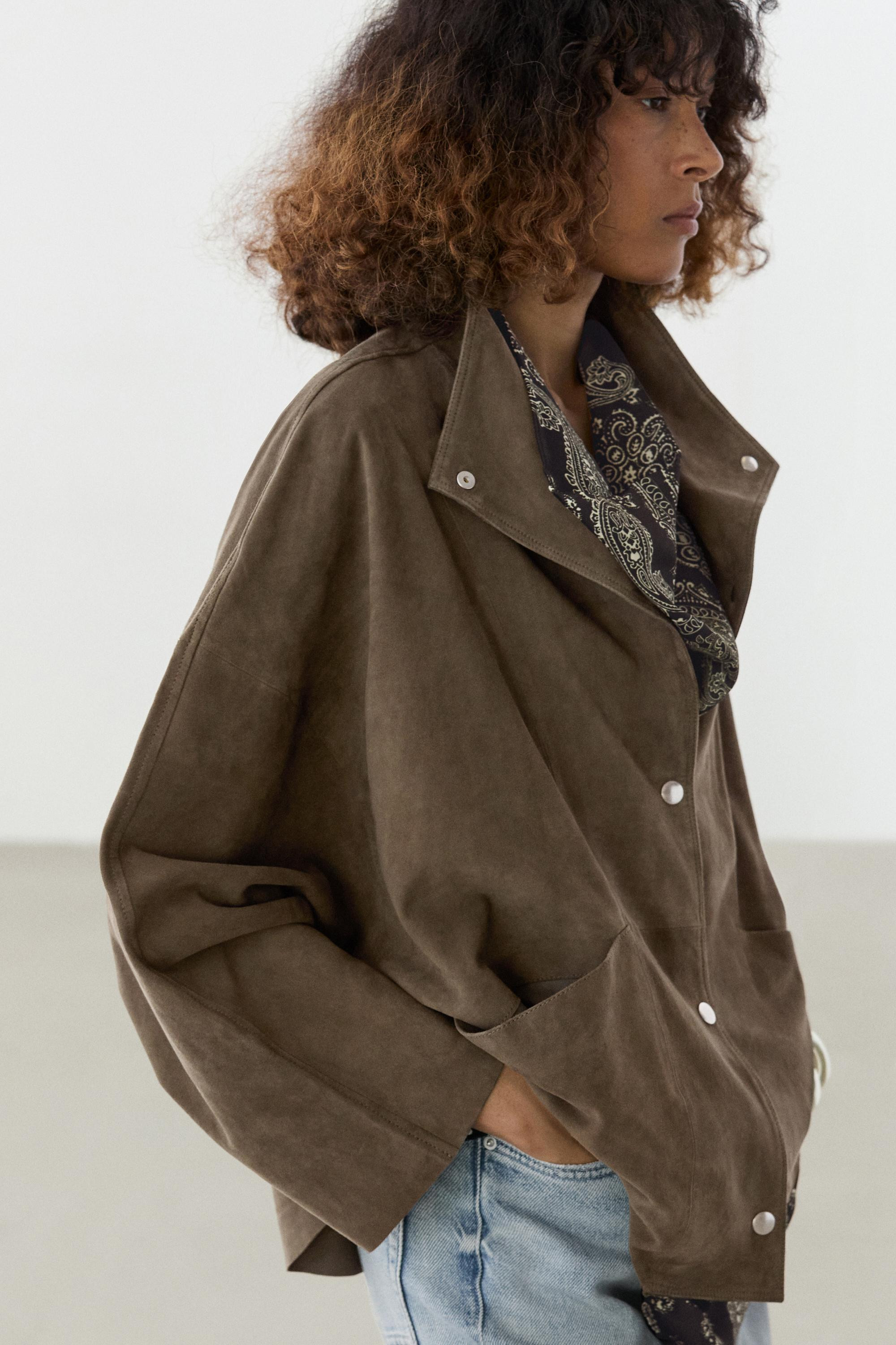 Suede leather high neck jacket | Massimo Dutti US