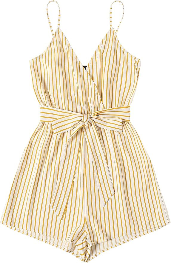 SweatyRocks Women's Boho Floral Print V Neck Beach Shorts Romper Jumpsuit with Belt | Amazon (US)