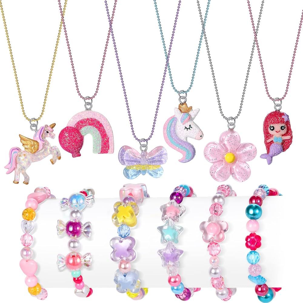 Lorfancy 12 Pcs Kids Bracelet Necklace for Girls Unicorn Mermaid Beaded Bracelets Toddler Cute Ch... | Amazon (US)