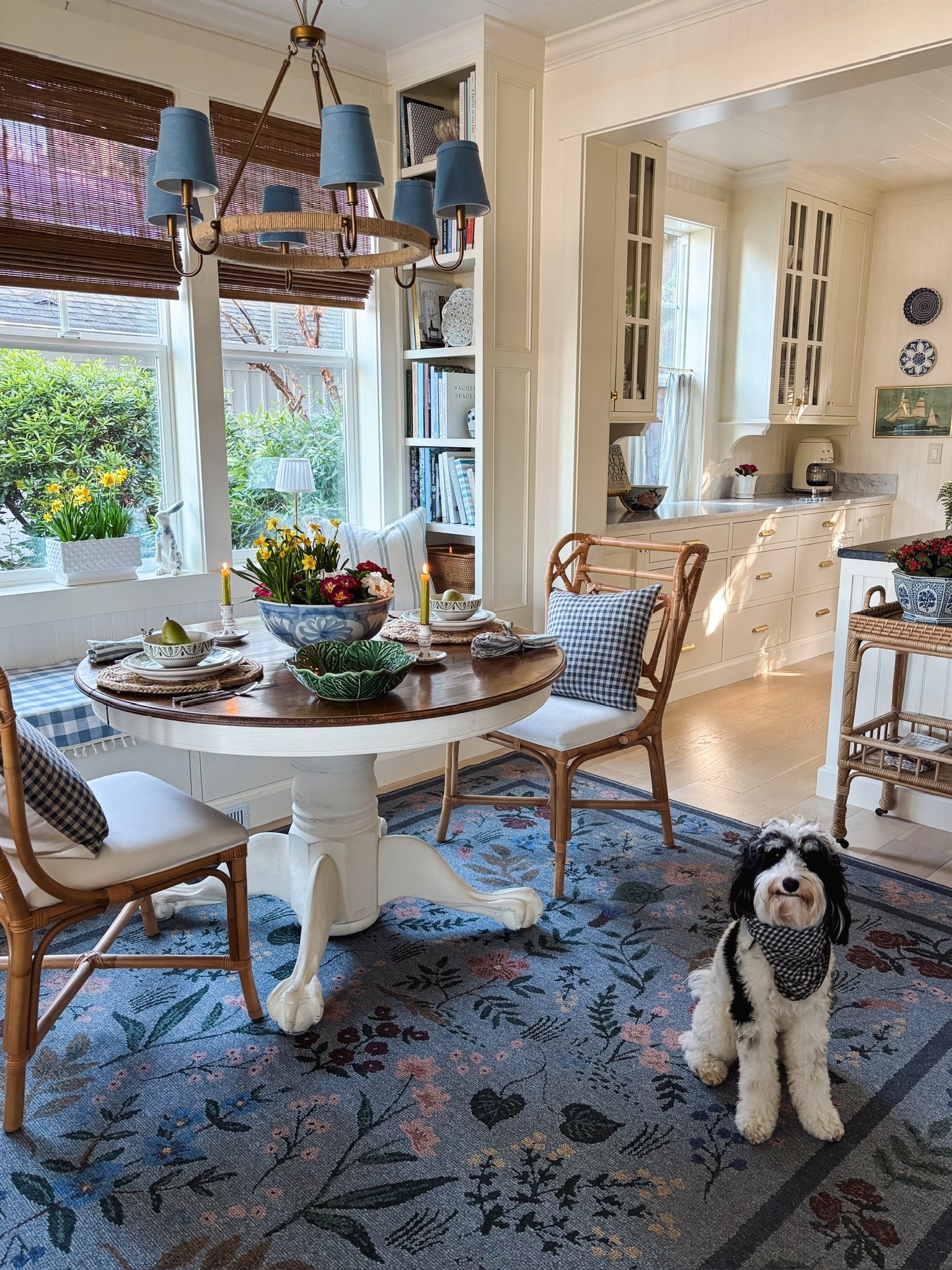 Spring living room - floral rug, green and white dishes, blue and white bowl centerpiece, bunny, planter 

#LTKHome #LTKSeasonal #LTKSaleAlert