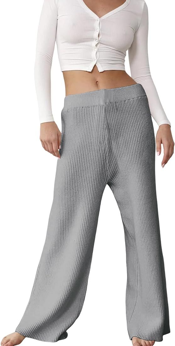 UANEO Women's Casual Knit Ribbed Pants Sweater Flowy Wide Leg Palazzo Pants Trousers | Amazon (US)