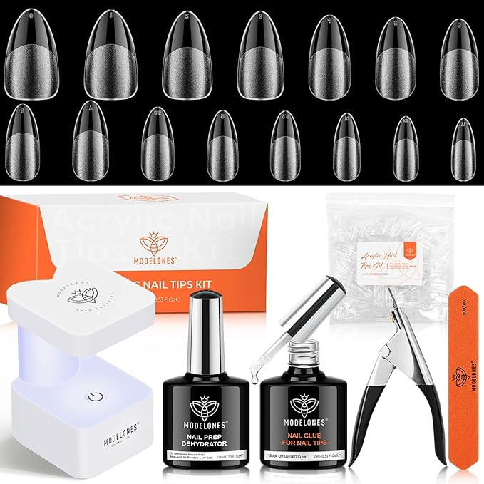 modelones X Nail Gel Kit Almond, Upgrade 15Sizes Fake Nails, 9-in-One Glue Dehydrator & Mini U V ... | Amazon (US)