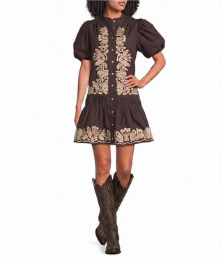 J.Marie Camille Embroidered Puff Sleeve Shirt Dress -  M | Dillard's