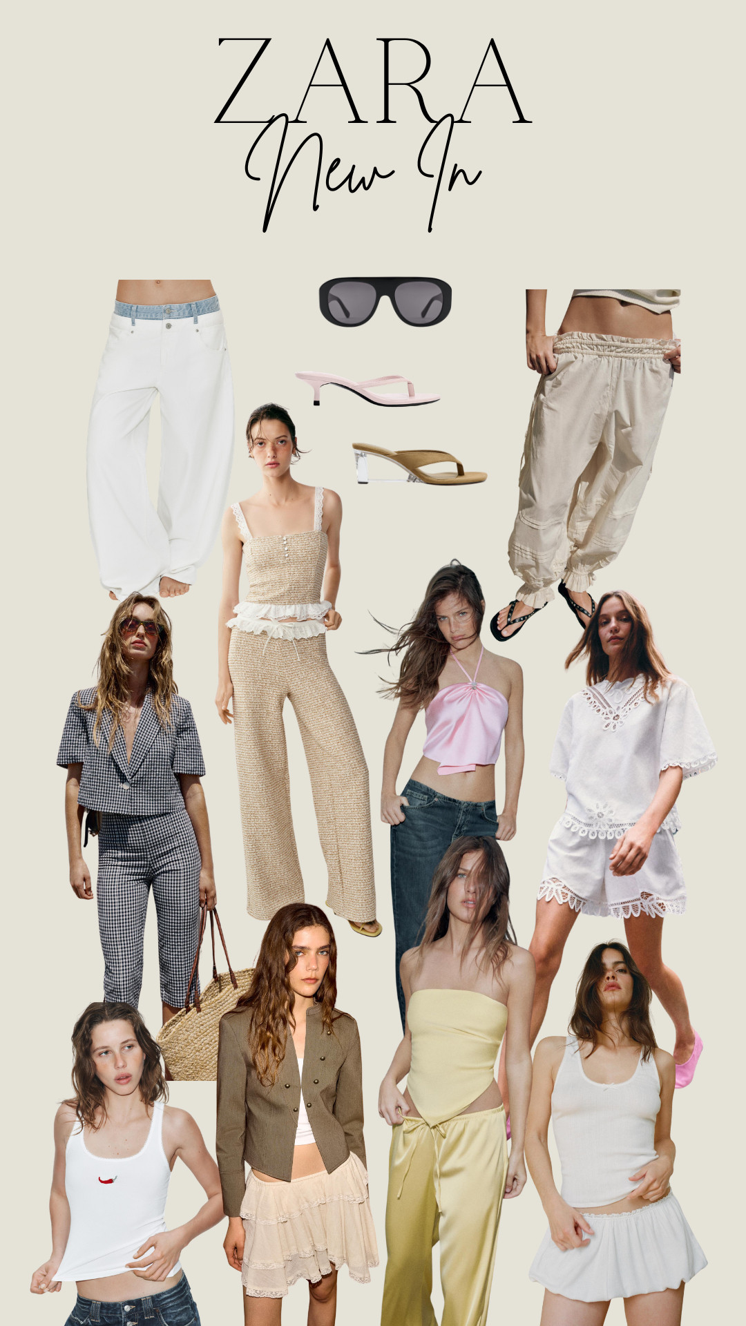 zara new in, neutral tones, cream, white, beige, summer fashion, resortwear, boho, feminine, lace trim, broderie anglaise, white co-ord, matching set, gingham set, tailored short sleeve blazer, wide-leg trousers, barrel jeans, white jeans, cargo joggers, parachute pants, mini skirt, tiered skirt, satin trousers, halterneck top, bandeau top, tank top, flip flops, kitten heel sandals, oversized sunglasses, woven tote, effortless chic 

 #LTKspring #LTKsummer #LTKpartywear