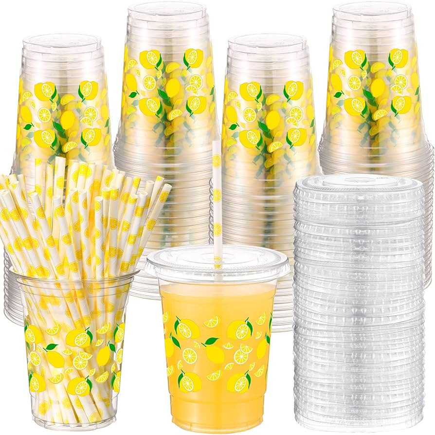 Yungyan 50 Sets 16 oz Lemon Plastic Cups Lemonade Cups with Lids and Straws Disposable Yellow Fru... | Amazon (US)
