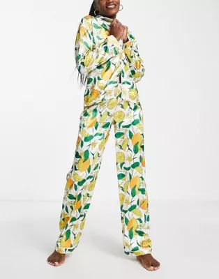 Night lemon print satin pajama shirt and pants set in yellow | ASOS (Global)