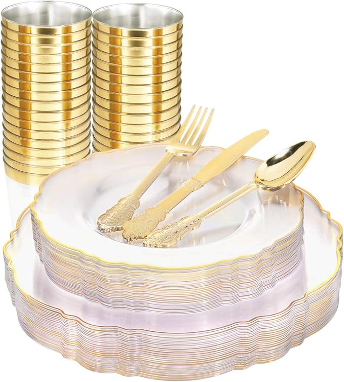 WDF 30Guest Clear Plastic Plates with Gold Rim &Disposable Plastic Silverware&Gold Plastic Cups i... | Amazon (US)
