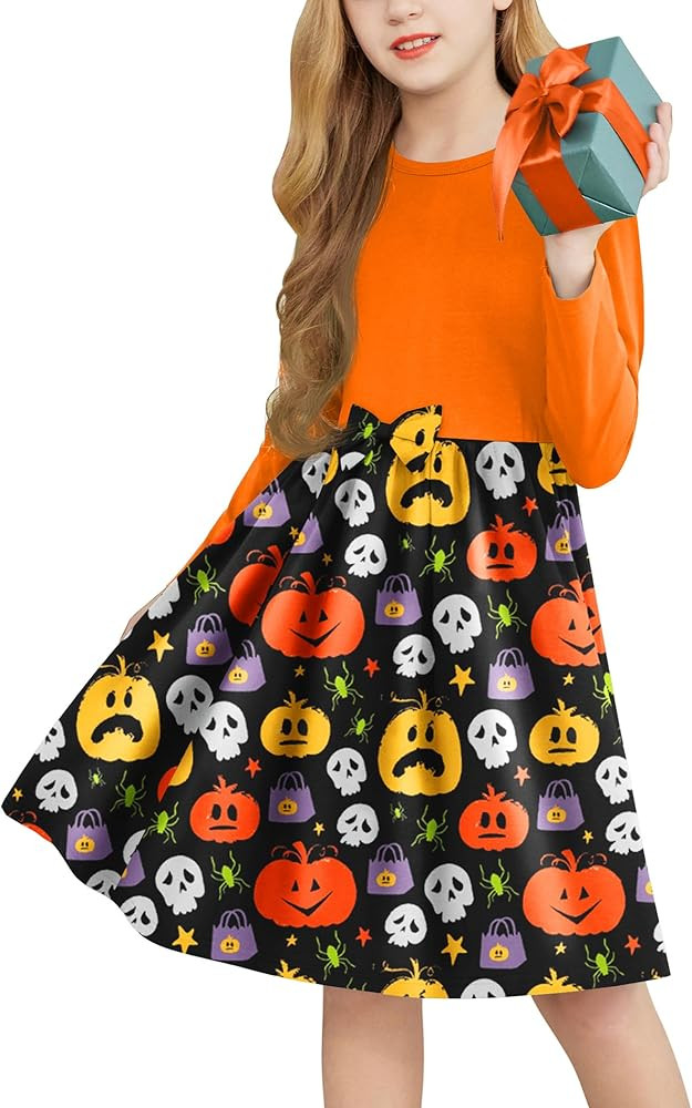 Arshiner Girls Long Sleeve Dress A line Twirly Skater Casual Bow Tie Dress | Amazon (US)