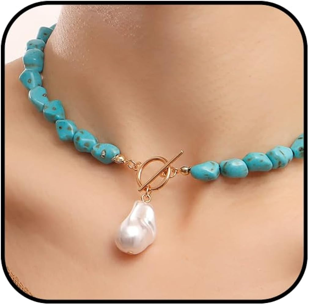 Chunky Turquoise Beaded Necklace for Women Toggle Blue Beaded Choker Necklaces Boho Natural Stone... | Amazon (US)