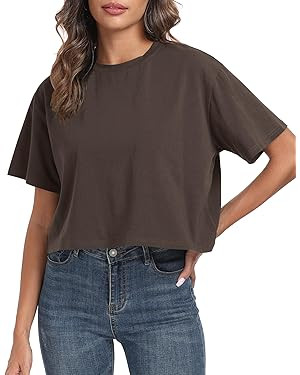 PRIMODA Women's Oversized Workout Cropped T Shirts Crew Neck Short Sleeve Casual Loose Summer Cro... | Amazon (US)