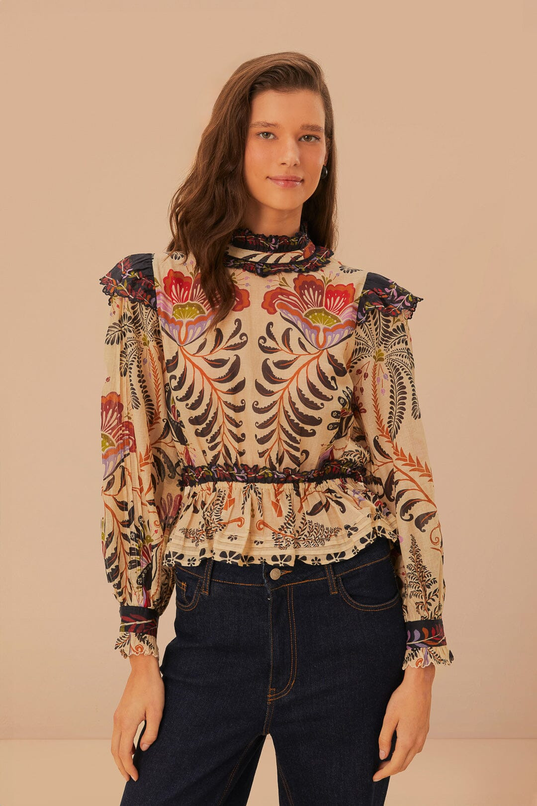 Classic Nature Sand Ruffled Long Sleeve Blouse | FarmRio (US)