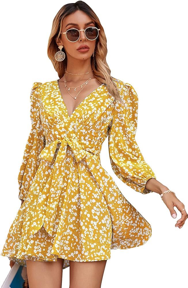 MakeMeChic Women's Boho Floral Print Long Sleeve V Neck Wrap A Line Swing Mini Dress | Amazon (US)