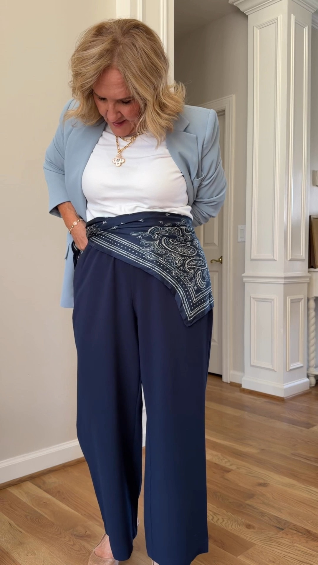 Pants size 8 petite 
Blazer size 6
Tee size small 

#LTKSaleAlert #LTKWorkwear #LTKOver40