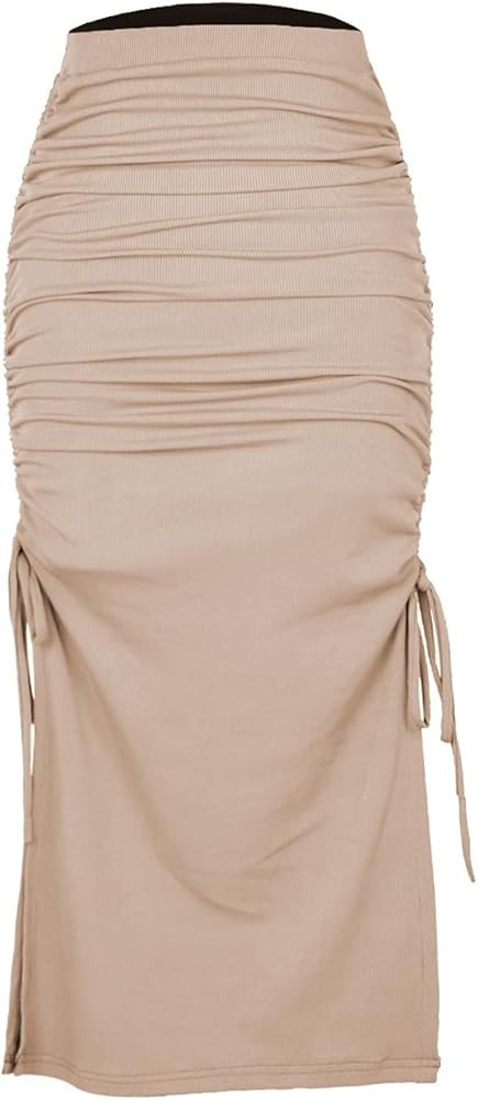 Womens Casual High Waist Pull-on Slit Maxi Skirt Side Drawstring Ruched Sexy Knitted Bodycon Mini... | Amazon (US)