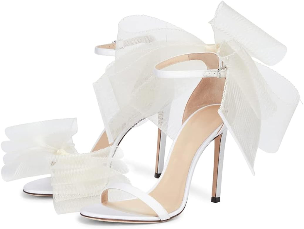 keleimusi Womens Wedding Pumps with Asymmetric Grosgrain Mesh Bows Ankle Strap Dress Peep Toe Sandal | Amazon (US)