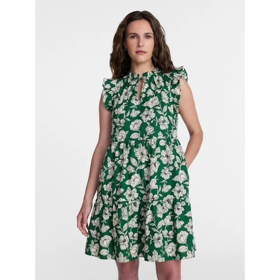 Time and Tru Women's and Women's Plus Tiered Cotton Mini Dress with Flutter Sleeves, Sizes XS-4X | Walmart (US)