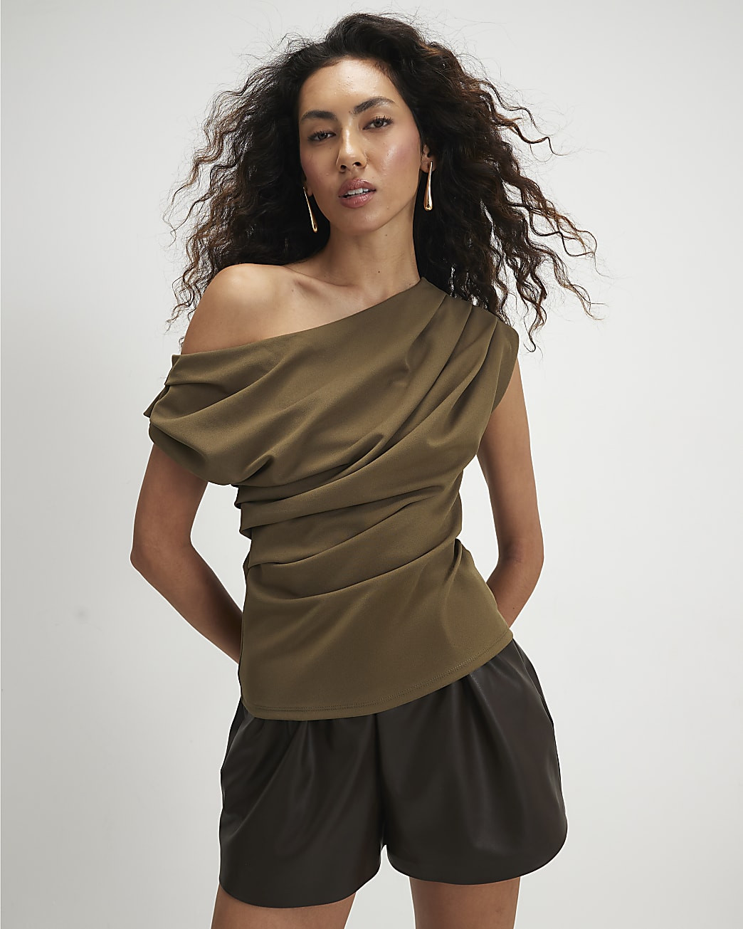 Khaki One shoulder Drape Top | River Island UK & IE
