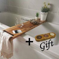 Oak Bath Caddy, Tray With Wine Glass, Towel & Phone Holders, Wood Decor | Etsy (US)