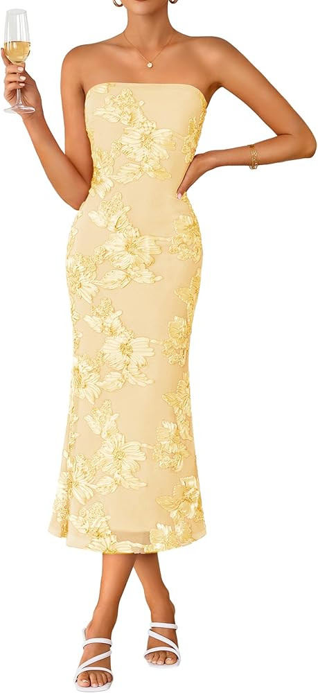 ZESICA Women's Summer Strapless Floral Midi Dress 2026 Bodycon Mesh Tube Wedding Guest Cocktail P... | Amazon (US)