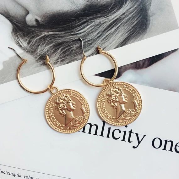 Gold coin earrings, greek coin earrings, coin earrings, disc earrings, minimal earrings, vintage ... | Etsy (US)