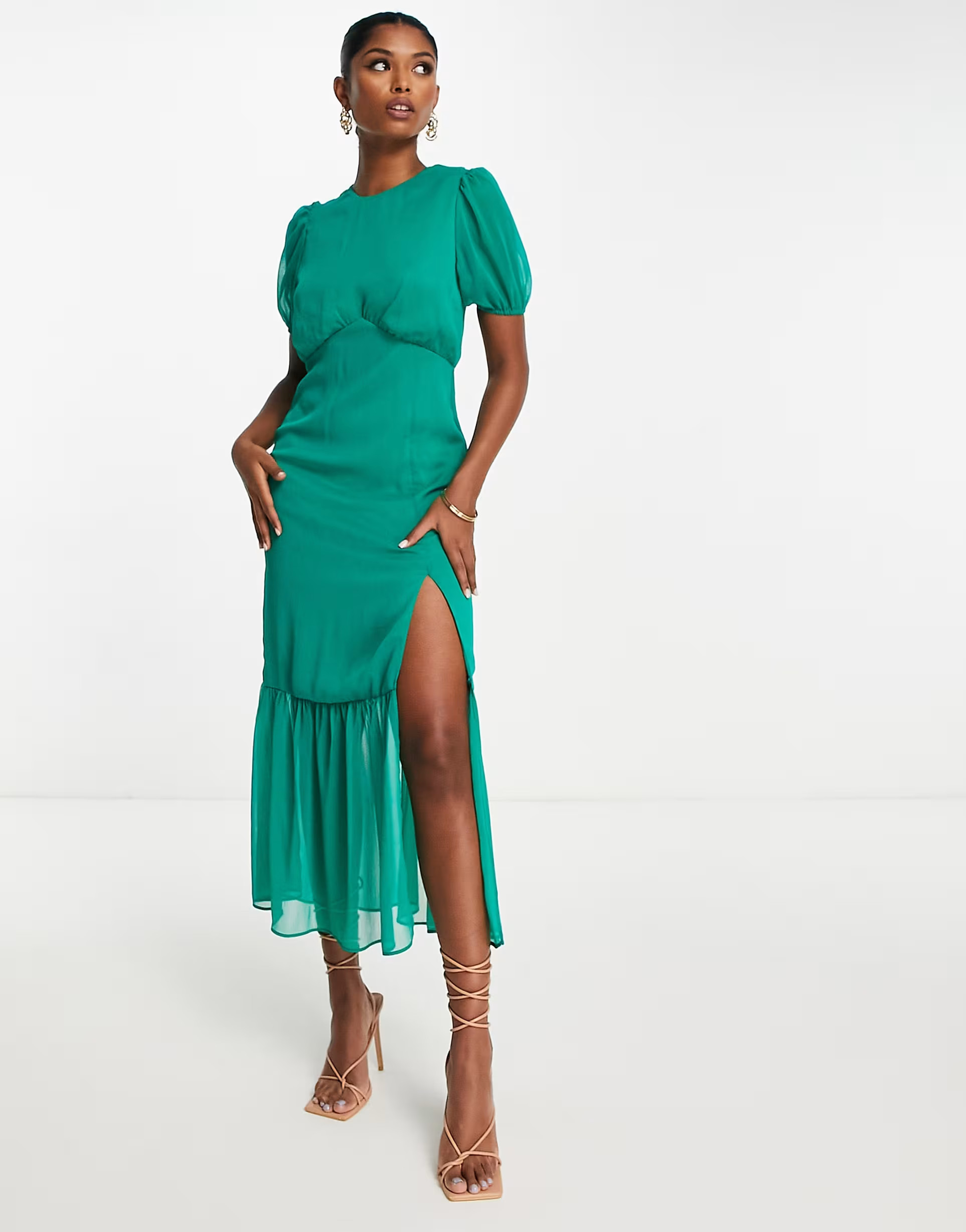 ASOS DESIGN pep hem midi dress with bubble sleeve in green | ASOS (Global)