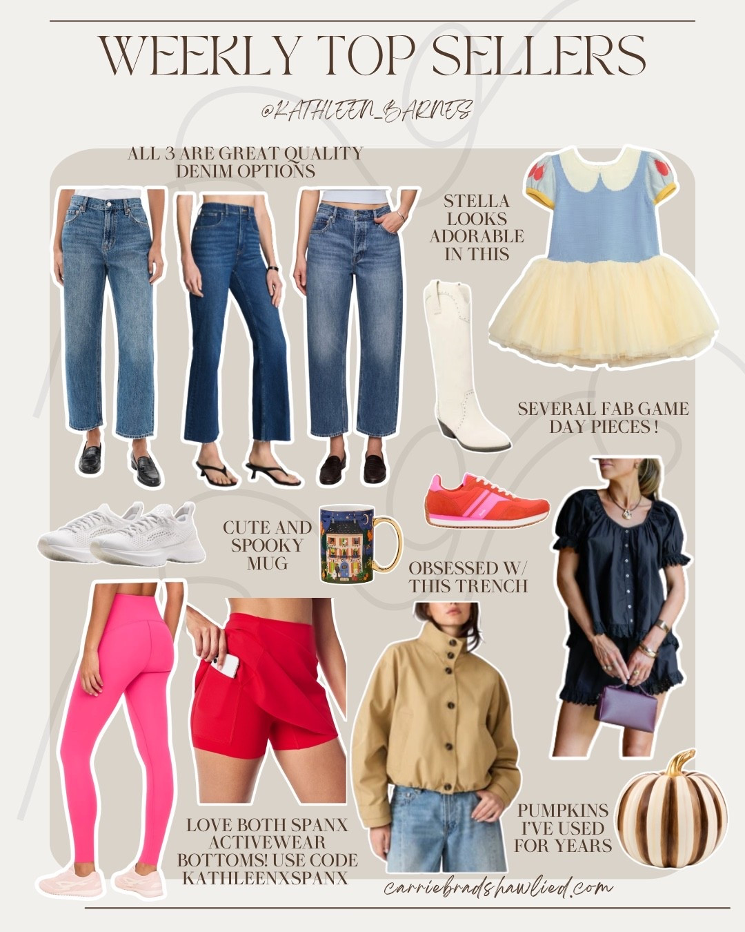 CBL gals most loved — great quality denim jeans for fall, several pieces I like to style for football game day, spanx activewear (KATHLEENXSPANX to save), cropped trench, fall decor —