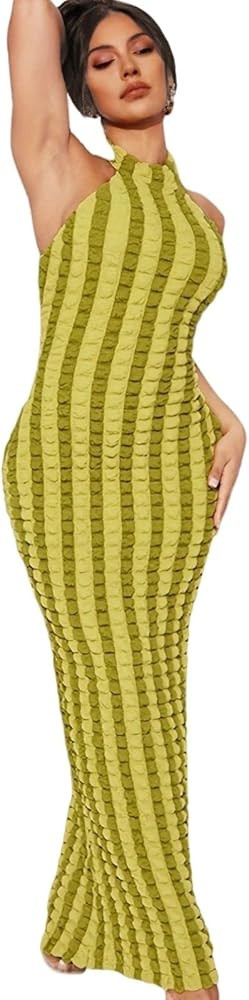 Womens Casual Sexy Halter Sleeveless Sundresses Bubble Textured Backless Prom Cocktail Maxi Dress... | Amazon (US)
