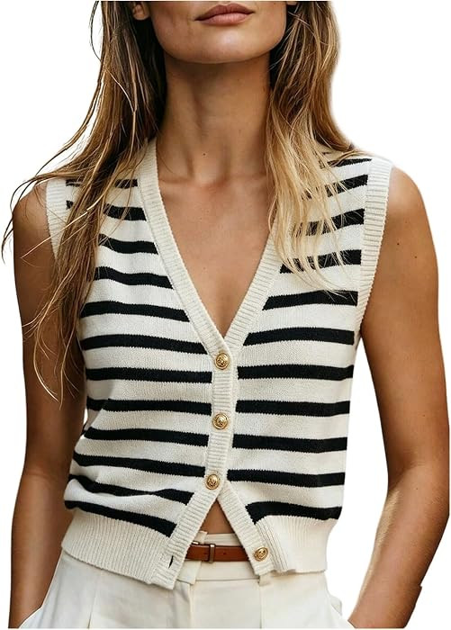 MakeMeChic Women's Basic Striped Sweater Vest Button Sleeveless Knit Top | Amazon (US)