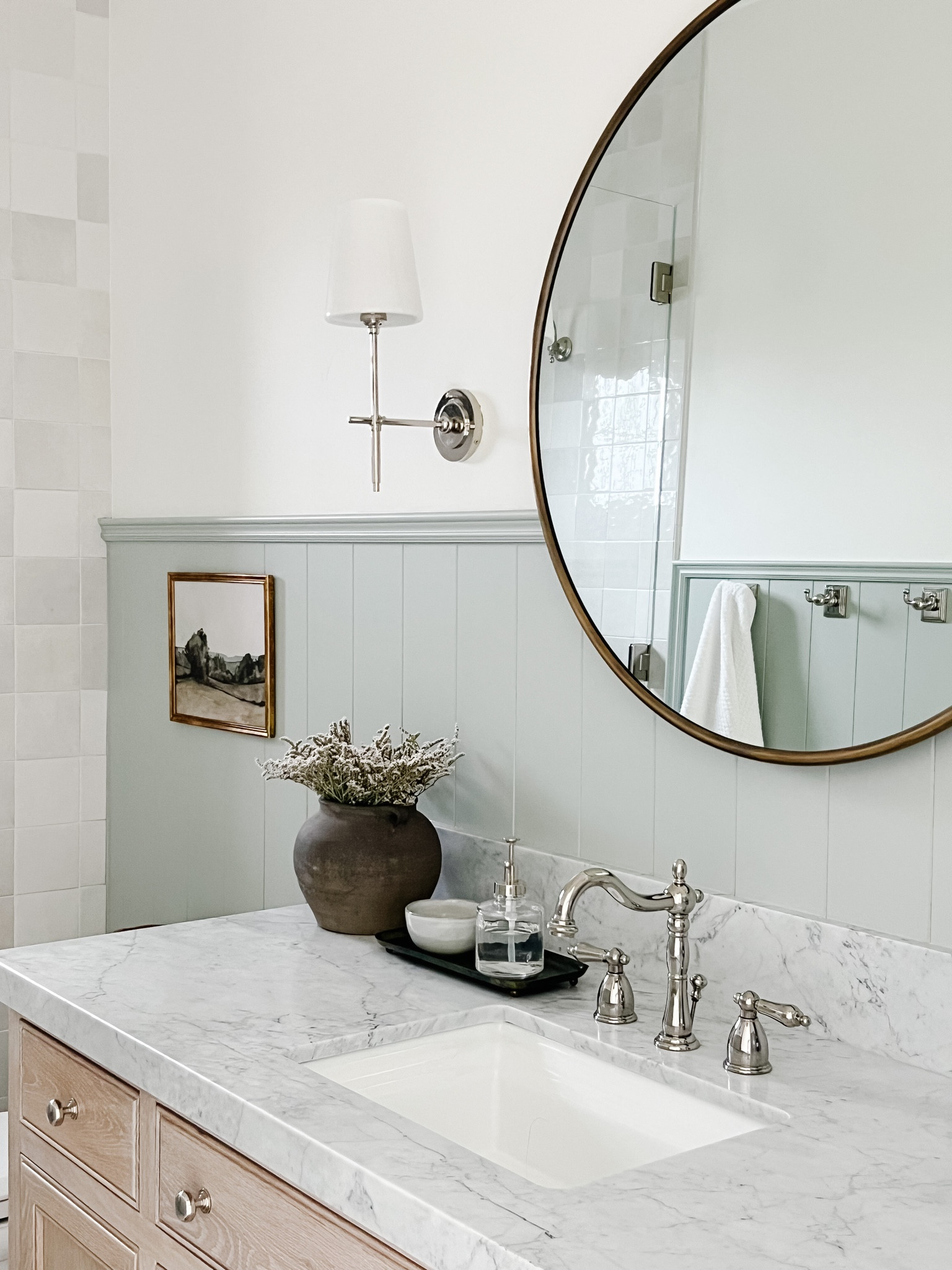 Looking for a beautiful brass mirror, this is it!  I also included the faucet, framed picture, sconces, bathroom faucet, soap dispenser, dried flowers and vintage vase!  All items I could link from this space I did!

#LTKhome