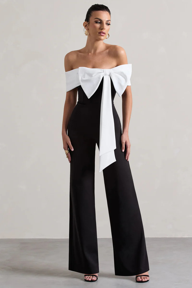 Bower  Black Bardot Straight-Leg Jumpsuit With Bow | Club L London