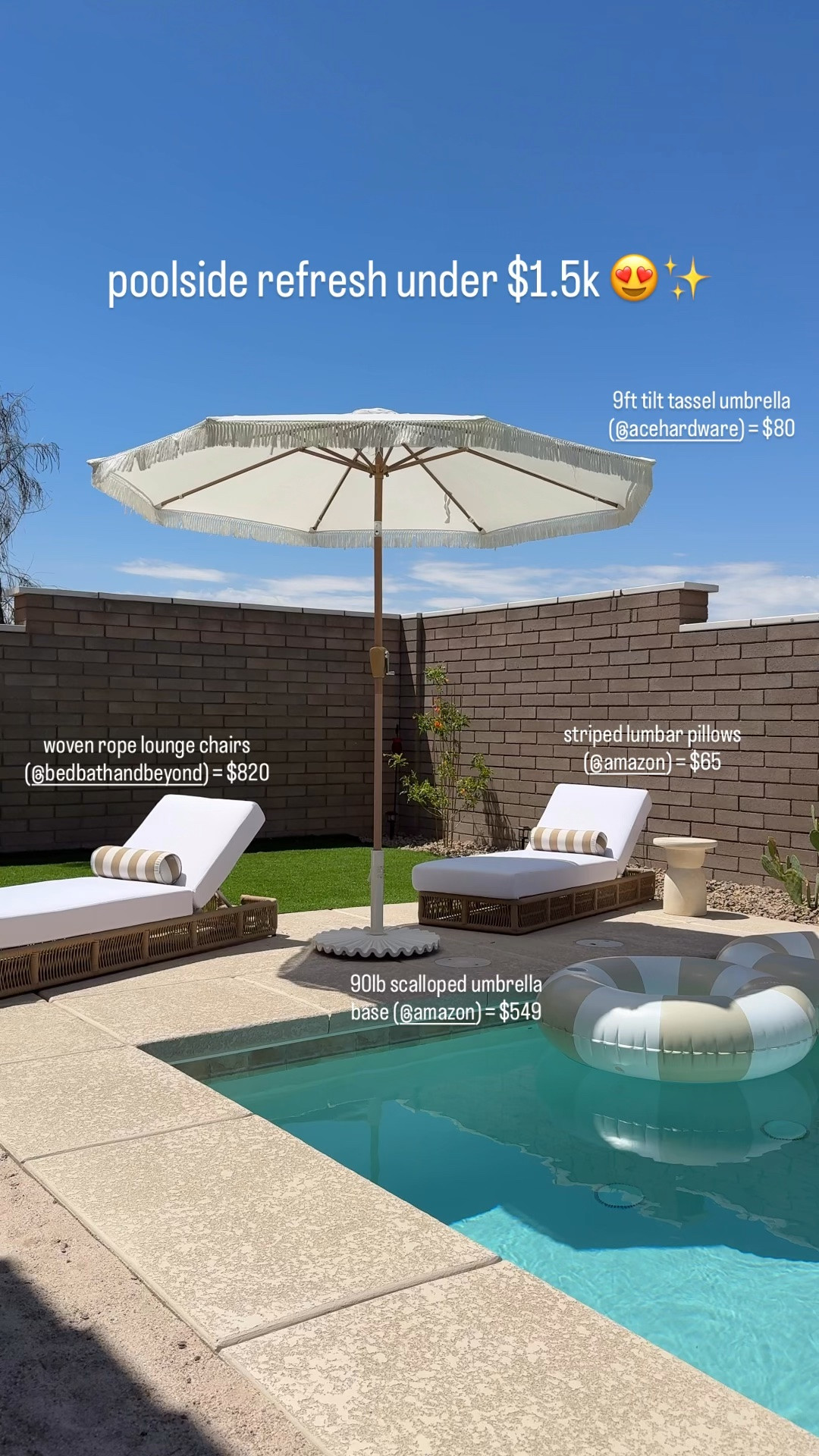 poolside refresh for under $1.5k and it completely elevated the space 😍

upgraded to pieces that actually hold up in the vegas heat + wind and feel way more high-end without going over budget

details:
• rope chaise lounge chairs = $410 each
• scalloped 90lb umbrella base = $549
• 9ft tilt tassel umbrella = $80 (we’ve had this one for 2+ years and it’s held up so well we got a 2nd one for our patio)
• outdoor striped lumbar pillows = $65

everything is linked if you want to recreate the look 🤍

| poolside patio, backyard, amazon home, found it on amazon, amazon finds, business & pleasure umbrella, bed bath and beyond, patio umbrella, chaise lounge chairs, neutral patio, neutral home decor, minimalist home, minimalist style

// neutrallynicole, @neutrallynicole, neutrallynicole.com, Neutrally Nicole

#LTKHome #LTKSaleAlert #LTKSeasonal