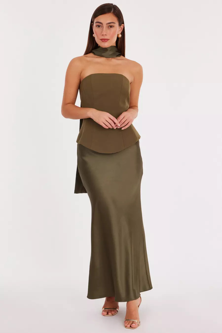 Home/Olive Strapless Satin Skirt Midaxi Dress | Quiz Clothing
