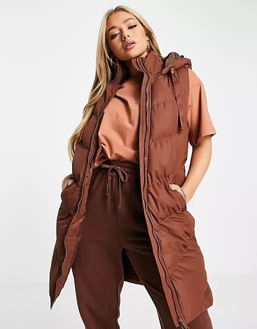 Threadbare Vamp longline padded gilet with hood in chocolate | ASOS | ASOS (Global)