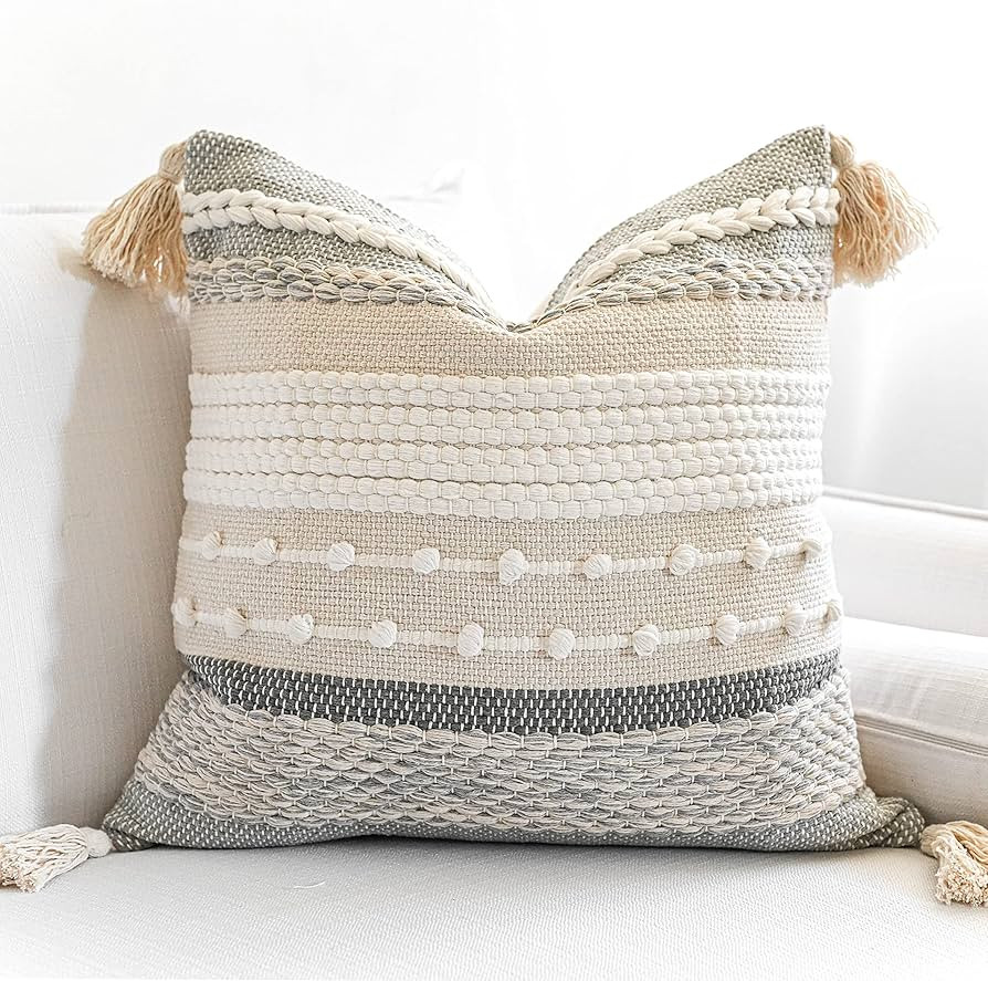 Gray Boho Throw Pillow Cover 20x20 Grey Decorative Accent Pillow for Couch Square Woven Textured ... | Amazon (US)