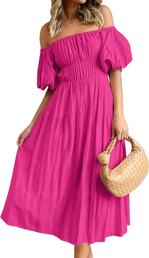 ZESICA Women's 2023 Sexy Boho Off Shoulder Puff Short Sleeve High Waist Ruffled Flowy A Line Beac... | Amazon (US)