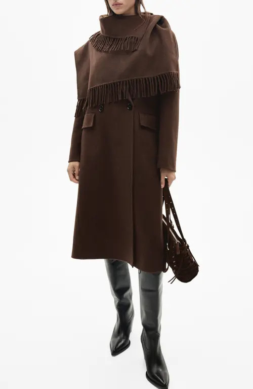 MANGO Wool Blend Coat with Fringed Scarf in Chocolate at Nordstrom, Size Small | Nordstrom
